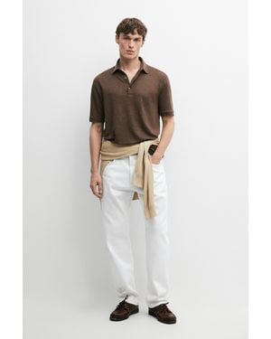 MASSIMO DUTTI 100% Linen Short Sleeve Polo Shirt - Brown