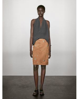 MASSIMO DUTTI Suede Leather Skirt With Rhinestone Detail - Grey