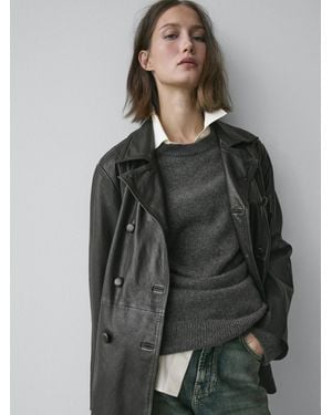 MASSIMO DUTTI Nappa Leather Jacket With Belt Detail - Grey