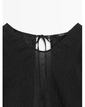 MASSIMO DUTTI Flowing 100% Linen Waffle-Knit Blouse - Black