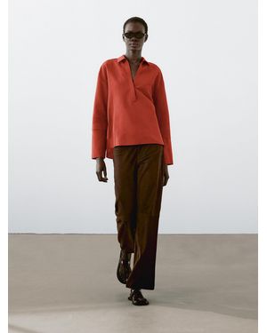 MASSIMO DUTTI Bluse Aus Leinenmischgewebe Mit Polokragen - Rot