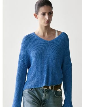 MASSIMO DUTTI Jersey Punto Cuello Pico Mezcla Algodón - Azul