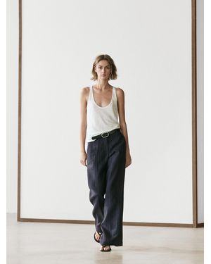 MASSIMO DUTTI Wide-Leg Pinstripe Linen Pants - White