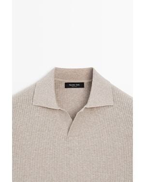 MASSIMO DUTTI Cotton Blend Knit Polo Shirt - Natural