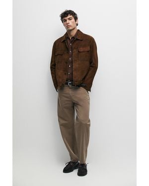MASSIMO DUTTI Chaqueta Detalle Bolsillos Piel Ante - Marrón