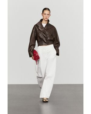 MASSIMO DUTTI Short Nappa Leather Bomber Jacket - Brown