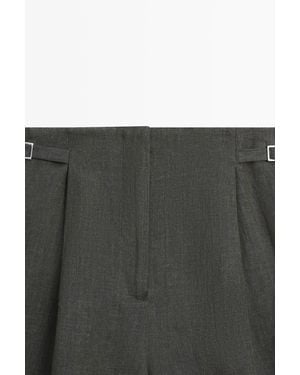 MASSIMO DUTTI Linen Melange Long Bermuda Shorts With Buckle Detail - Black