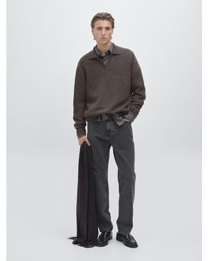 MASSIMO DUTTI V-Neck Knit Polo Jumper - Brown