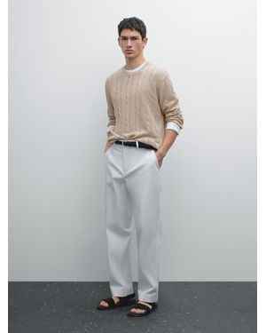 MASSIMO DUTTI Strickpullover Aus 100 Leinen Mit Zopfmuster - Weiß