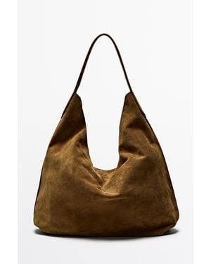 MASSIMO DUTTI Oversized Split Suede Leather Shoulder Bag - Black