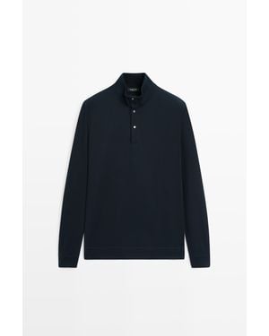 MASSIMO DUTTI Cotton Silk Blend Polo Jumper - Blue