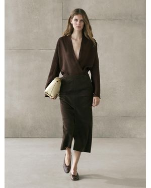 MASSIMO DUTTI Blusa Holgada Fluida Cruzada Lino - Marrón