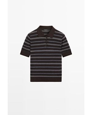 MASSIMO DUTTI Cotton-Blend Striped Open-Knit Polo Shirt - Black