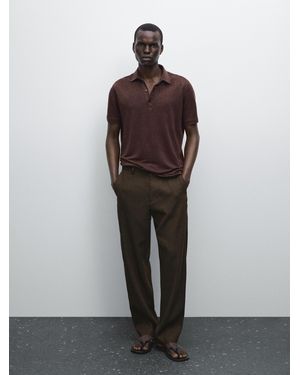 MASSIMO DUTTI Short Sleeve Linen Polo Shirt - Brown