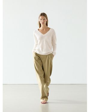 MASSIMO DUTTI Linen V-Neck Knit Jumper - White