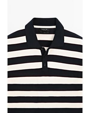 MASSIMO DUTTI 100% Cotton Striped Knit Polo Shirt - Black