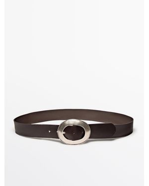 MASSIMO DUTTI Nappa Leather Belt With Oval Buckle - White