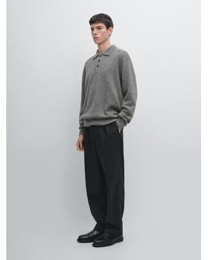 MASSIMO DUTTI Flecked Knit Wool Blend Polo Jumper - Grey