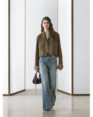 MASSIMO DUTTI Short Suede Leather Jacket - Green
