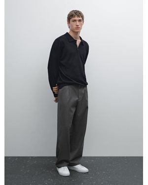 MASSIMO DUTTI Maglia Con Collo A Polo 100% Lino - Nero