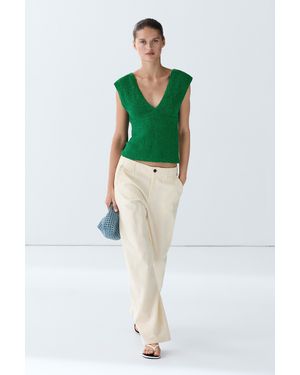 MASSIMO DUTTI Cotton Blend V-Neck Knit Top - Green