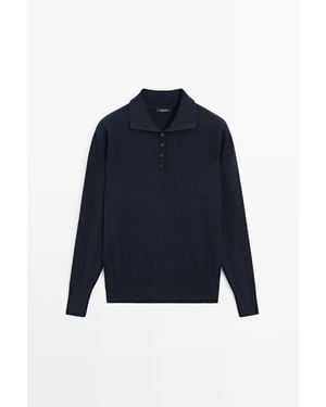 MASSIMO DUTTI Tricot Trui Met Opstaande Kraag En Knopen - Blauw