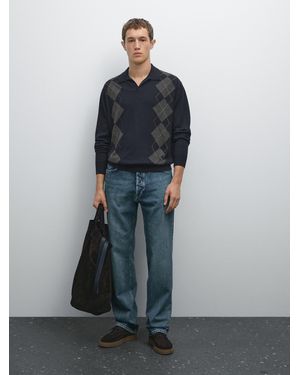 MASSIMO DUTTI Strickpullover Aus Wollmischgewebe Im Polo-Stil Mit Rautenmuster - Blau