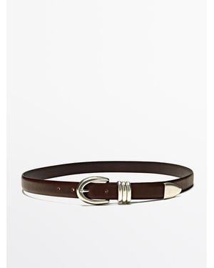MASSIMO DUTTI Nappa Leather Belt With Metallic Detail - White