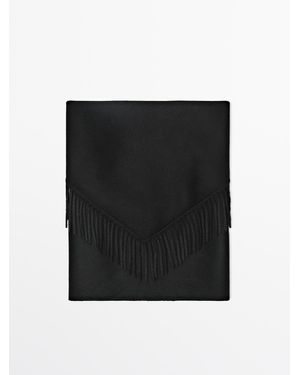 MASSIMO DUTTI Tricot Cape Met Franjes Van Wolmix - Zwart