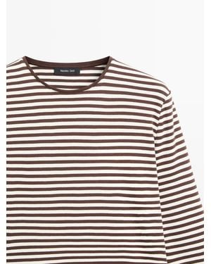 MASSIMO DUTTI Long Sleeve Striped T-Shirt With Contrast Detail - Brown