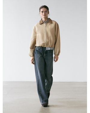 MASSIMO DUTTI Short Suede Leather Jacket With Collar Detail - Natural