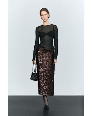 MASSIMO DUTTI Straight Sequin Midi Skirt - Black