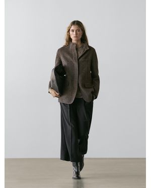 MASSIMO DUTTI Twill Coat With High Collar, Wool Blend - Brown