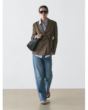 MASSIMO DUTTI Double-Breasted Cotton Blend Blazer With Tie Detail - Multicolor