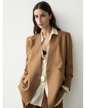 MASSIMO DUTTI Double-Breasted Linen Lapelless Blazer - Natural