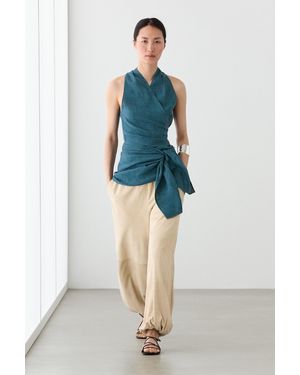 MASSIMO DUTTI 100% Linen Surplice Top With Tie Detail - Blue