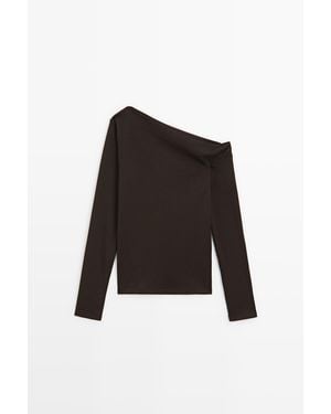 MASSIMO DUTTI Camiseta Detalle Hombro Drapeado - Negro