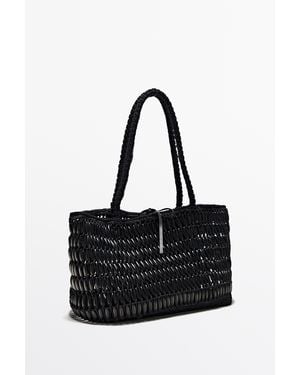 MASSIMO DUTTI Tote Bag With Wooden Details - Black