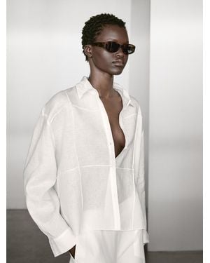 MASSIMO DUTTI 100% Linen Shirt With Embroidered Detail - Natural