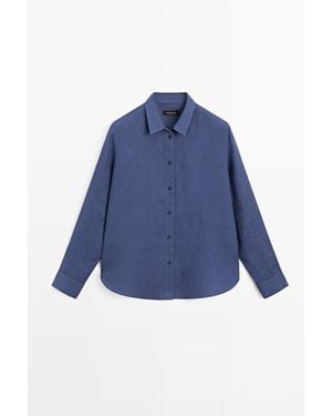 MASSIMO DUTTI Soepelvallend 100% Linnen Overhemd - Blauw