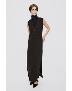 MASSIMO DUTTI V-Neck Midi Dress - Black