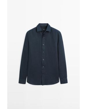 MASSIMO DUTTI Slim Fit 100% Linnen Overhemd - Blauw