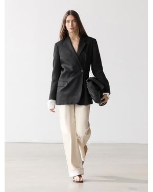 MASSIMO DUTTI 100% Linen Double-Breasted Blazer - Black