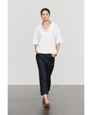 MASSIMO DUTTI Short Sleeve Open-Collar Cotton Blouse - White
