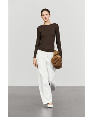MASSIMO DUTTI Long Sleeve Boat Neck T-Shirt - White