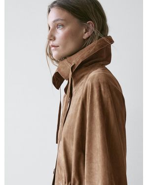 MASSIMO DUTTI Suede Leather High Neck Parka - Brown