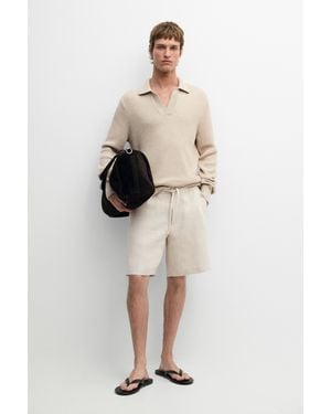 MASSIMO DUTTI Linen Bermuda Shorts With Waist Detail - Natural