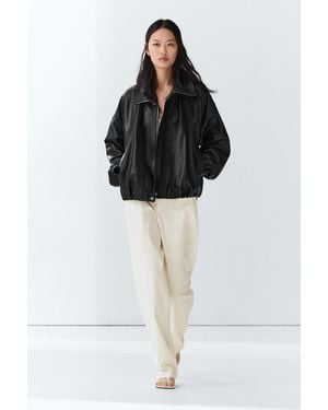 MASSIMO DUTTI Nappa Leather Bomber Jacket - Black
