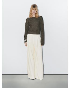 MASSIMO DUTTI Pantalón Ancho 100% Lino - Blanco