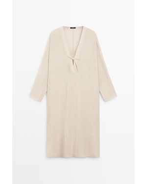 MASSIMO DUTTI Linen Blend Kaftan Dress With Tie Neckline - White